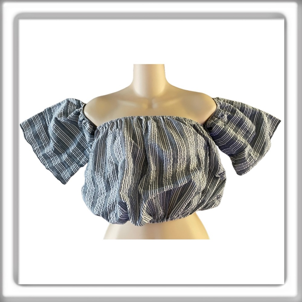 Lavender Field Anthropologie Crop Top Seersucker Off Shoulder Blue Size Large